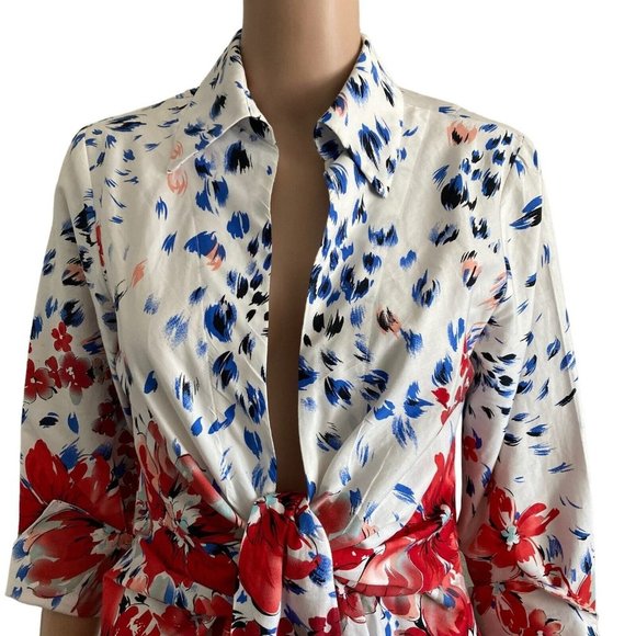 Floral Tie-Front Blouse - Red and Blue - Picture 7 of 10